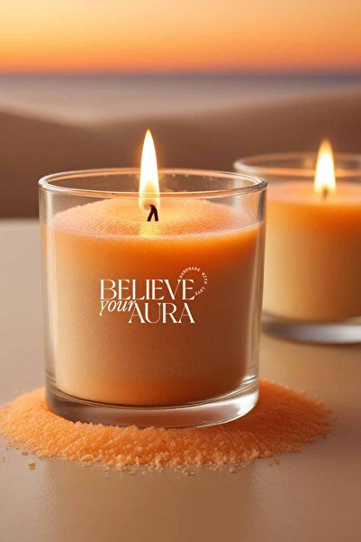 Believe Your Aura Turuncu İnci Tozu Mum - Natural Sandal Ağacı Kokulu Cam Bar...
