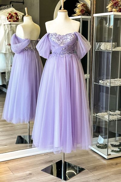 Lenta Moda Lilac Draped and Flower Pattern Lace Detailed Midi Length Evening Dress and Evening Dress