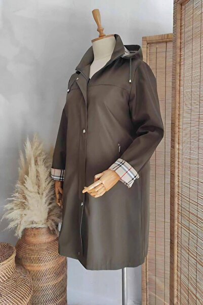 Hanezza Women's Large Size Khaki Lining Patterned Hooded Knee Length Trench Coat