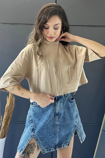 GÜLSELİ Bluză Crop Top oversize brodata cu piatra, bej