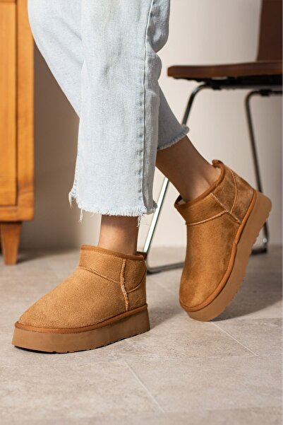 rasputin Mini Taba Süet İçi Kürklü Kalın Taban Kadın Bot