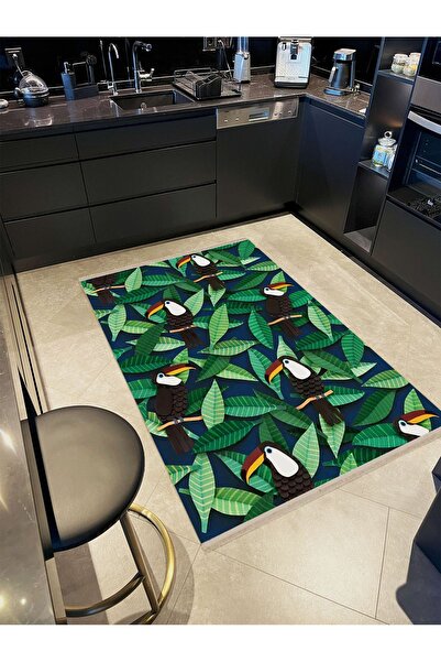 Rugs Modern Halı Atlas Koleksiyonu Yeşil Temalı Tukan Kuşu ve Yapraklar Desen...