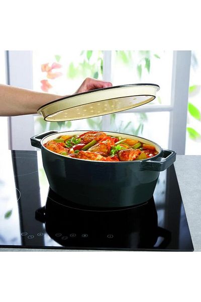 Pyrex طاجن بيضاوي بطيء الطهي مقاس 33 سم - متين، مطلي بالمينا، متوافق مع الحث الحراري