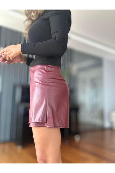 Atelier Derin Burgundy Faux Leather Shorts Skirt