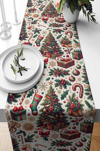 Pilloveland Santa Christmas Patterned Suede Runner - 140*40 Cm, New Year, Christmas