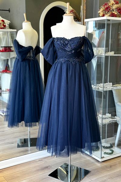 Lenta Moda Navy Blue Draped and Flower Pattern Lace Detailed Midi Length Evening Dress and Evening Dress