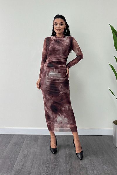 giyimmasalı Tulle Fabric Drape Detailed Pencil Dress - Claret Red