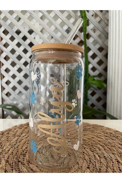PiyaCraft Blue Ribbon Bamboo Lid Glass Cup |   Coffee Glass |   Glass Cup with Straw
