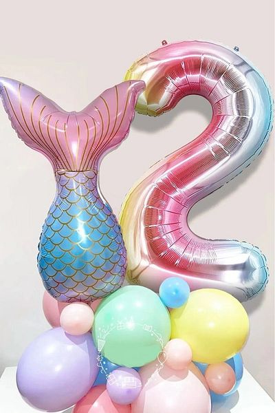 DÜVENCİ TİCARET Mermaid Number Tail Welcome Set with Balloons - Birthday Party Ornament