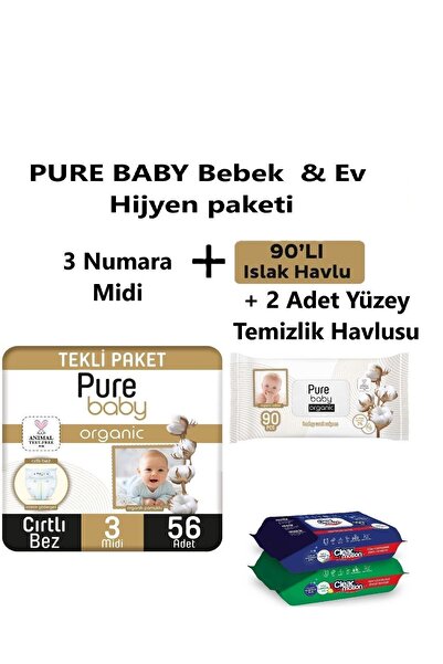 Pure Baby Purebaby 3 Numara Midi Tekli Paket 4-10 Kg 56 Lı 90 Lı Islak Mendil 2 Paket Yüzey Temizlik Mendili