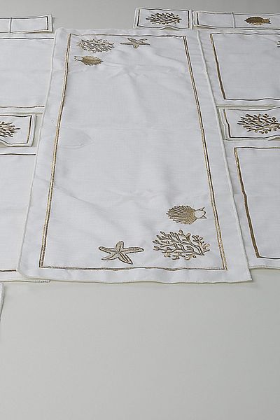 Bonny Home Ocean Cream Gold - Σετ τραπεζαρίας 25 τεμαχίων από κεντημένο λινό λινό για 8 άτομα