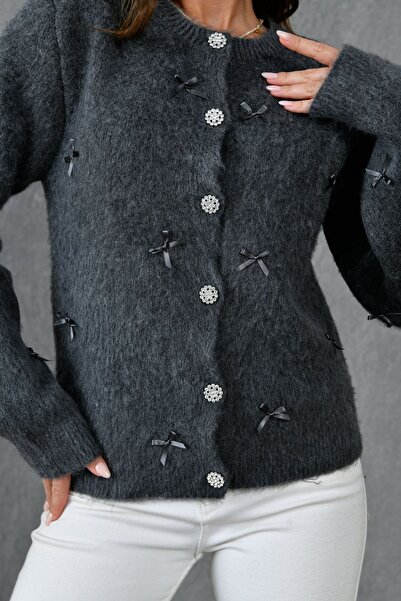 bayansepeti Gray Acrylic Fabric Stylish Button Design Bow Ecru Knitwear Cardigan 1041