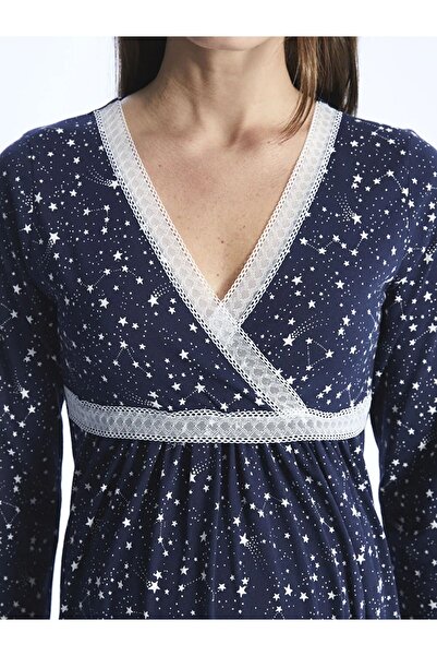 LC Waikiki LCW DREAM Kruvaze Yaka Desenli Uzun Kollu Hamile Gecelik