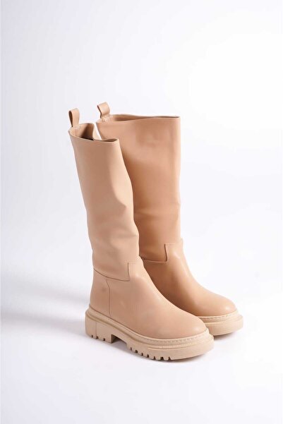 Genel Markalar Kadın Nude Fermuarsız Diz Altı Uzun Çizme