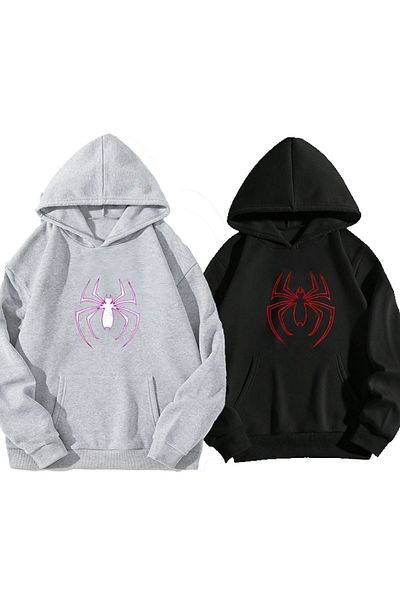 Moda Glo Γκρι Μαύρο Unisex Spider με στάμπα 3 κλωστών Βαμβακερό Oversize Lover Couple με κουκούλα