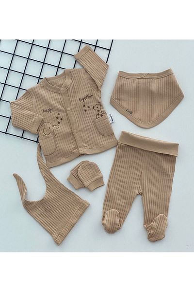 Necix's Organic Fabric Embroidered 5 Piece Hospital Discharge Set - Our Cheerful Babies, Brown with Front Pockets