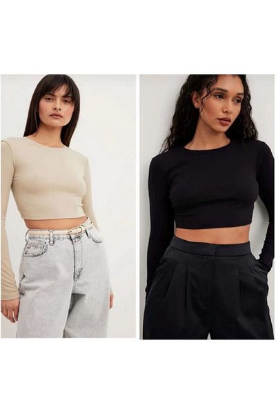 Lorya Giyim Pack of 2 100% Cotton Ribbed Camisole Long Sleeve Crop Blouse