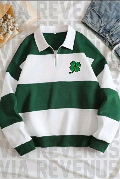 Vordevia Hanorac unisex cu imprimeu trifoi, verde, alb, cu dungi, cu jumătate...