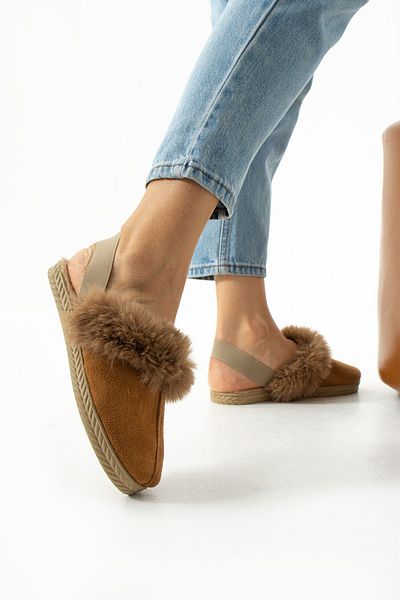 MÜJERİL'S Tan Furry Elastic Άνετη Εφαρμογή Παντόφλες για οικιακά παπούτσια