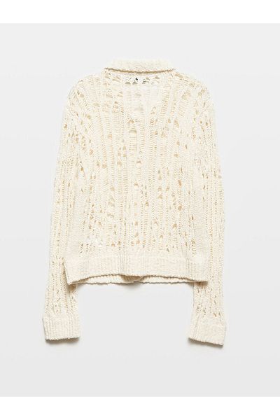 Dilvin 60243 Pearl Buttoned Knitwear Cardigan-Ecru