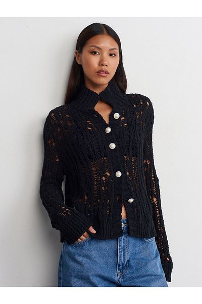 Dilvin 60243 Pearl Buttoned Knitwear Cardigan-Black
