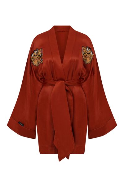 Saraswati Society Kırmızı Viskos İpek Omuzda Kaplan Nakış Desenli Kısa Kimono