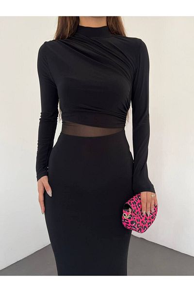 NDN STORE Rochie creion cu mânecă lungă, cu mânecă lungă, din tul, cu țesătură elastică, cu detaliu decoltat