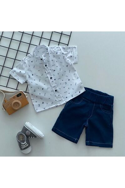 DERİNBEBE Deep Baby Our Cheerful Babies Jeans Shorts Suit with High Collar