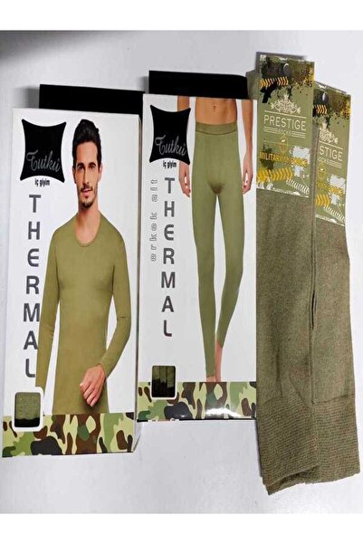 Alıç Ανδρικό στρατιωτικό χακί πράσινο θερμικό κοστούμι - Σετ πάνω και κάτω, 2 ζευγάρια πράσινες κάλτσες χακί - Νέο χρώμα χακί