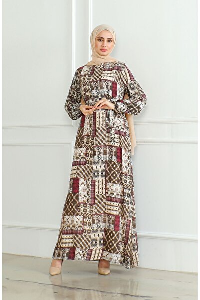 sefamerve Viscose Patterned Belted Dress - Brown Plum 0502-03