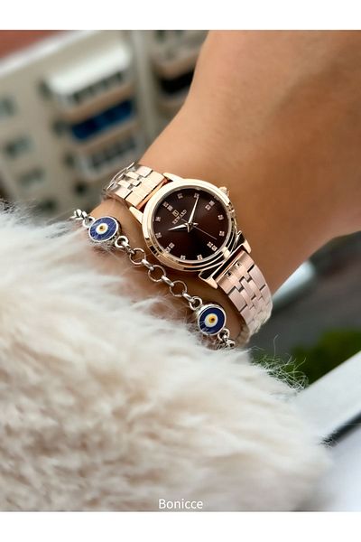 Reward New Model Steel Cord Rose Color Small Case Women's Wristwatch + Nazar Beaded Bracelet Gift
