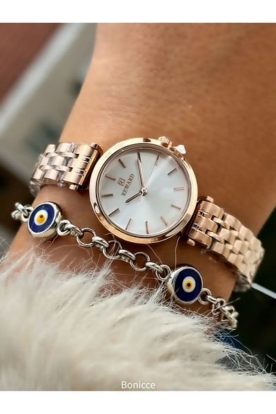 Reward New Model Steel Cord Rose Color Small Case Stylish Women's Wristwatch + Nazar Beaded Bracelet Gift