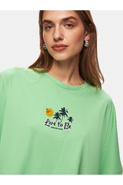 Ltb Μπλουζάκι με κοντό μανίκι με λαιμόκοψη με στάμπα Crop πράσινο