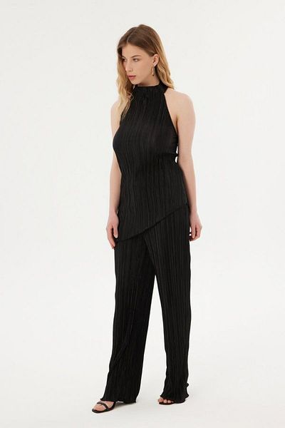 Hiccup High Neck Asymmetrical Pleat Blouse and Palazzo Pants - 2-Piece Set