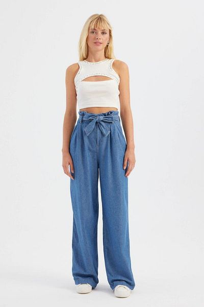 Hiccup Pantaloni de jeans cu talie înaltă, cu fundă, cu picioare largi