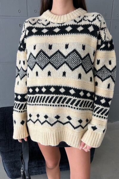 Hiccup Crew Neck Patterned Oversize Sweater