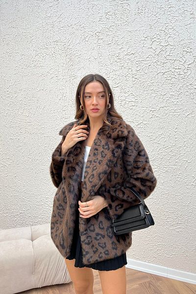Askı Nişantaşı Leopard Patterned Brown Plush Lined Coat