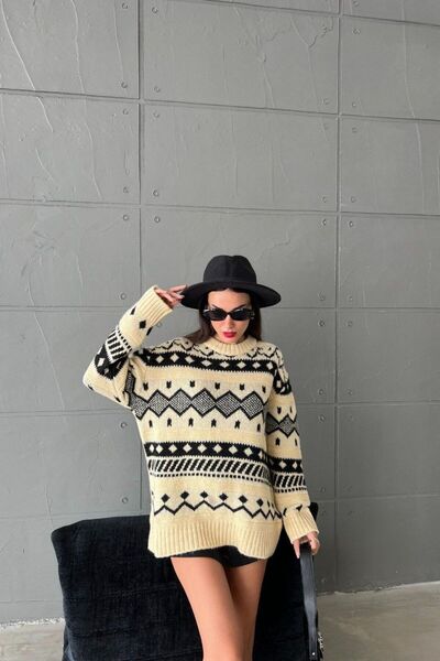 Hiccup Crew Neck Patterned Oversize Sweater