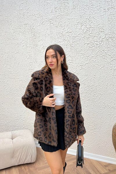 Askı Nişantaşı Leopard Patterned Brown Plush Lined Coat