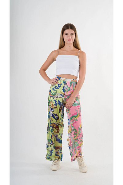 hazelin Pantaloni largi de damă, verzi, roz, cu imprimeu, cu talie înaltă, HZL22S-YY284