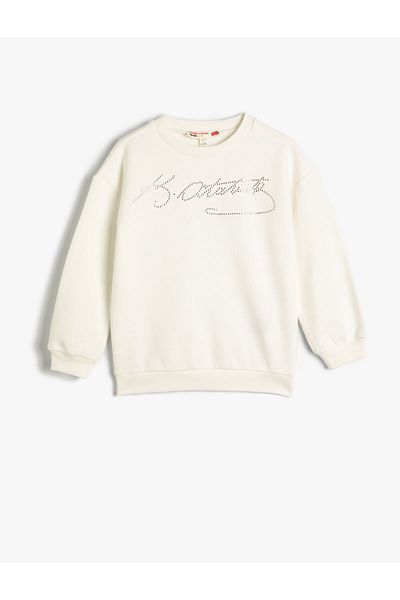 Koton Ataturk Signed Long Sleeve Bead Detailed mikina - Crew Neck