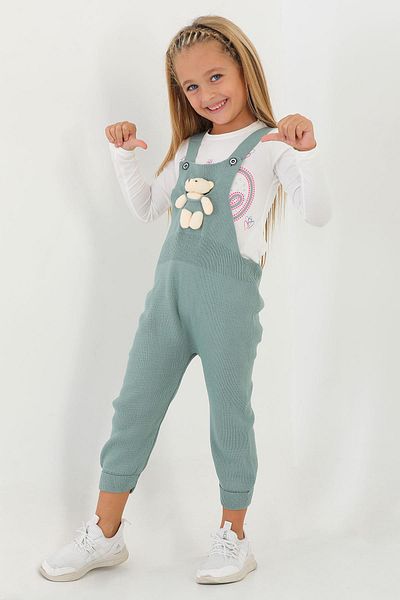 zepkids Hanging Strap Buttoned Front Teddy Bear Cagla Green Color Salopet