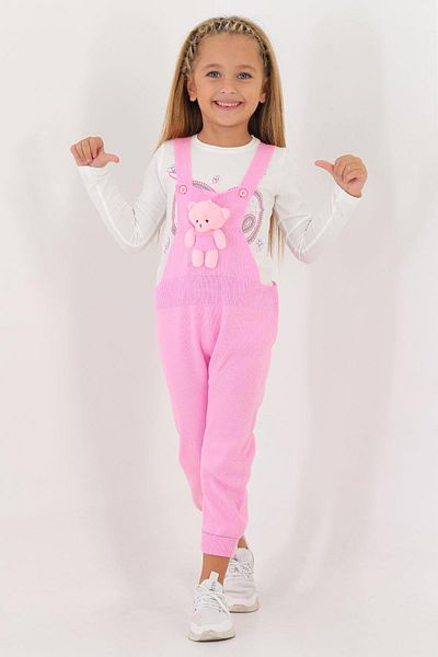 zepkids Pink Color Salopet with Strap and Buttoned Front Teddy Bear