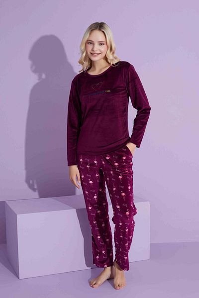 Tarık Women's Swan Patterned Long Sleeve French Velvet Fabric Winter Warm Pajamas Set
