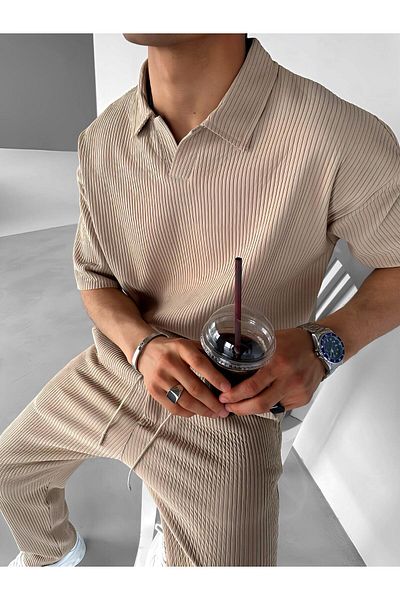 ablukaonline Μπεζ ανδρικό μπλουζάκι Polo Neck Oversize με ραβδώσεις