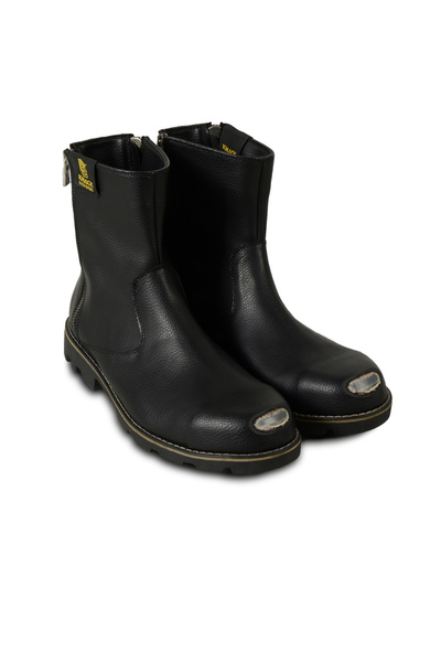 VEAVEN Erkek Siyah Kalın Tabanlı Fermuarlı Çelik Burunlu Deri Bot