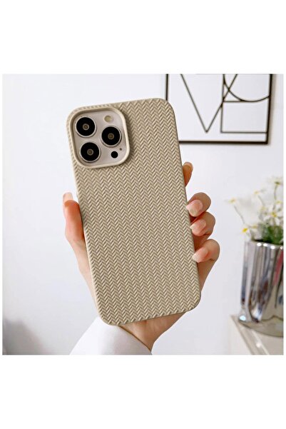 Zebana Apple iPhone 15 Pro Max Uyumlu Kılıf Zebana Woven Silikon Kılıf Krem R...