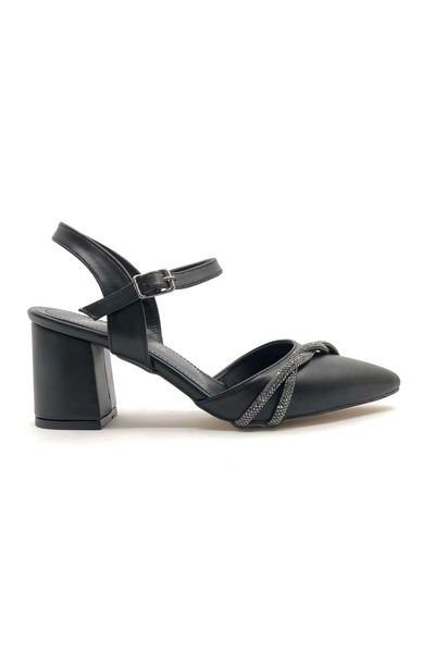 KCMN Mehtap Çapraz Burgu Taş Detaylı 6 cm Topuklu Kadın Klasik Ayakkabı SİYAH