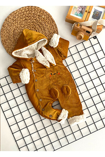 DERİNBEBE Coffee Colored Cheerful Baby Rabbit Patterned Hooded Jumpsuit - Wel...