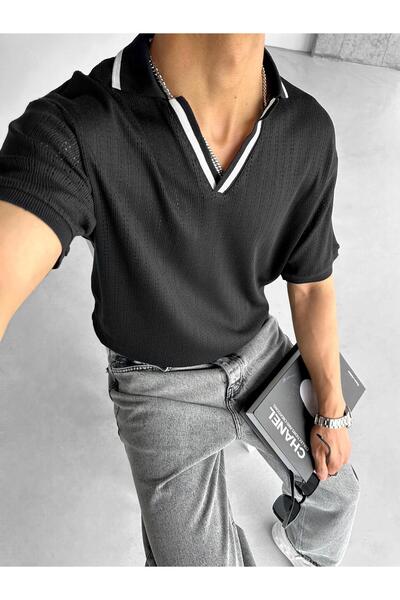 ablukaonline Ανδρικό πλεκτό μπλουζάκι με μισό πατιλέτα γιακά με σχέδιο μαύρο ...